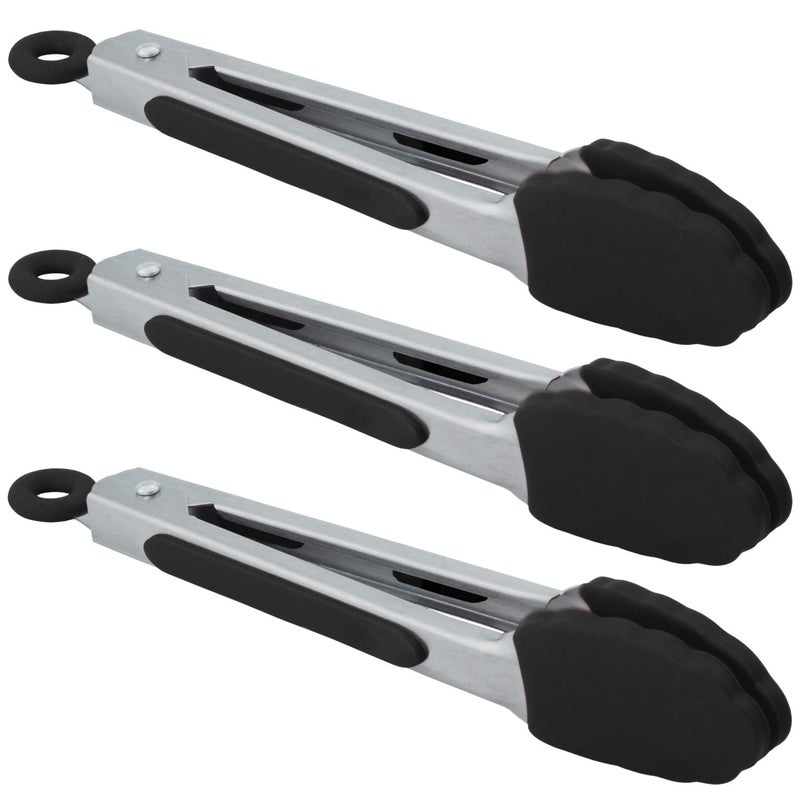 HINMAY Small Serving Tongs with Silicone Tips 7 Inch Mini Stainless Steel Food Tongs, Set of 3 (Black) - Image 1